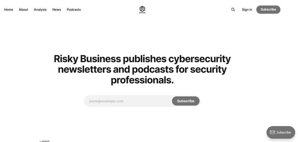 The sign up page for the Risky Business newsletter