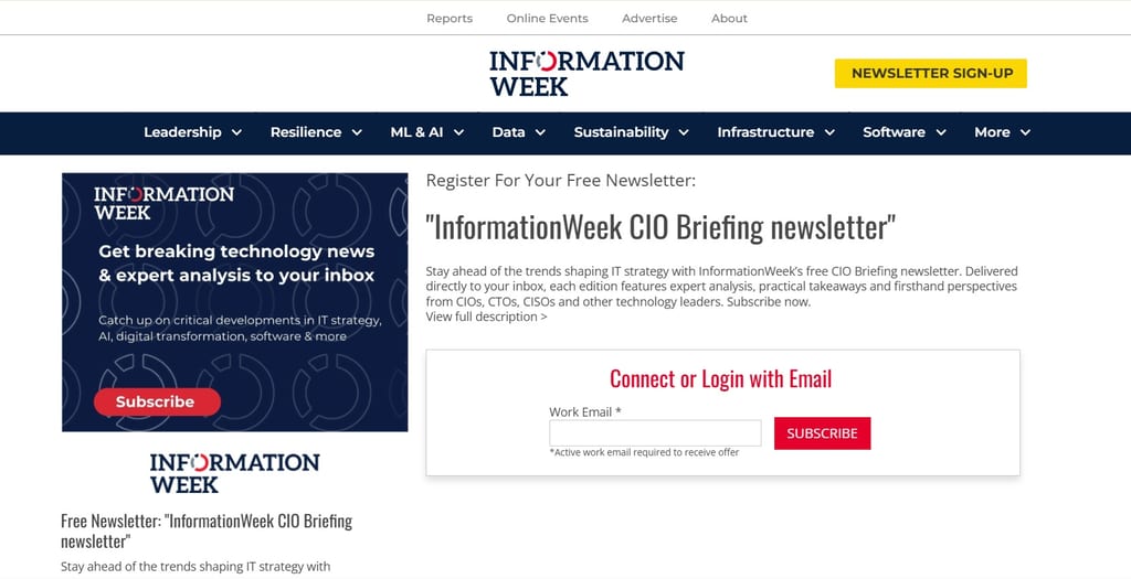 Captura de pantalla del registro de InformationWeek CIO Briefing