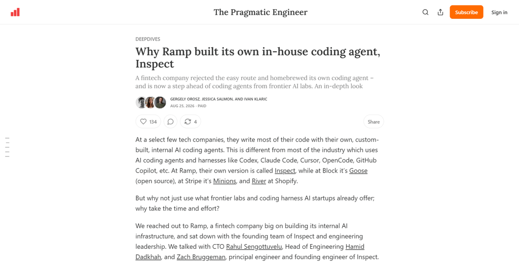 Artículo de The Pragmatic Engineer que examina el agente personalizado de codificación con IA de Ramp
