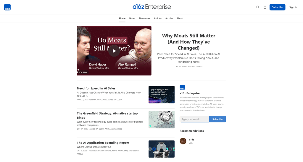 Página de a16z Enterprise con artículos sobre ventas de IA, estrategia de empresas emergentes y gasto en aplicaciones
