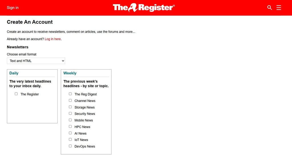 Página de registro del boletín de The Register