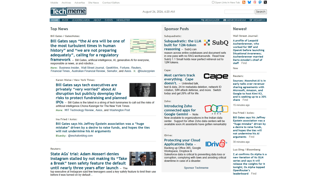 Página de Techmeme que recopila titulares sobre IA, redes sociales y grandes empresas tecnológicas