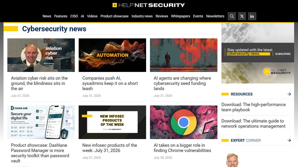 Screenshot of the Help Net Security webpage