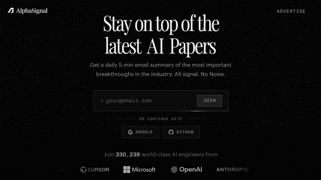 AlphaSignal signup page highlighting concise summaries of important AI research