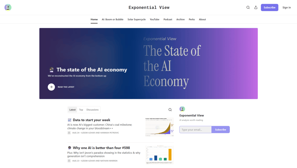 Página de inicio de Exponential View con análisis de la economía de la IA y los cambios tecnológicos
