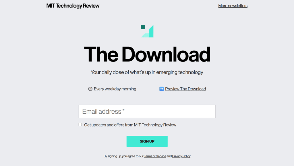 Página de registro de La descarga para el informe sobre tecnologías emergentes de MIT Technology Review
