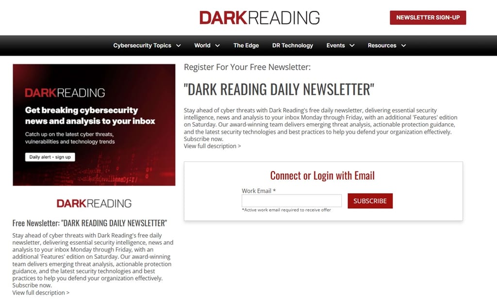 The sign up page for the Dark Reading newsletter
