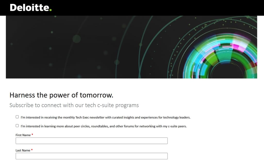 Captura de pantalla de la página de registro del boletín para ejecutivos de tecnología de Deloitte