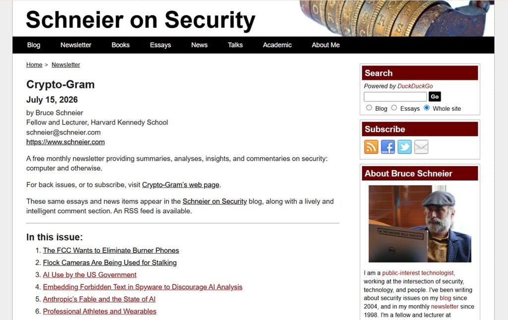 Screenshot of the sample Schneier on Security newsletter