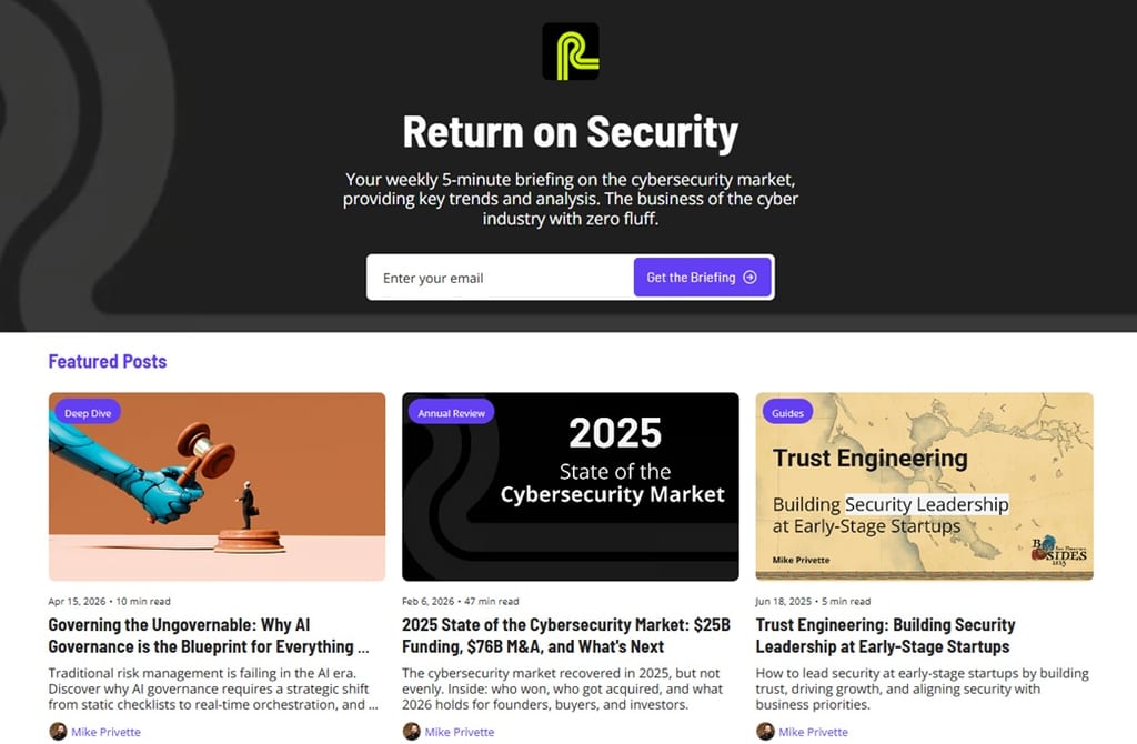 The sign up page with featured posts of the Return on Security newsletter