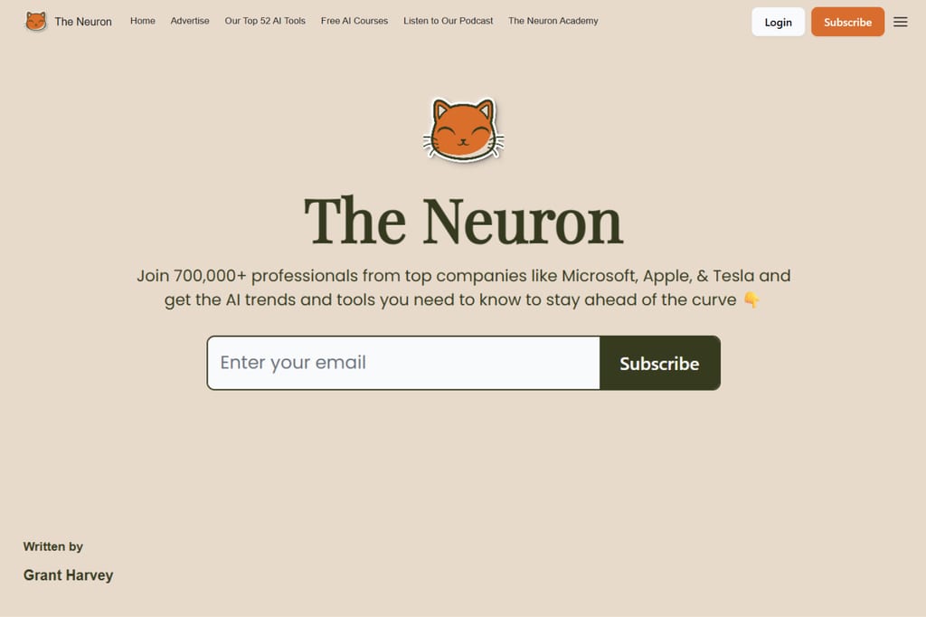 The Neuron newsletter homepage with AI newsletter signup form