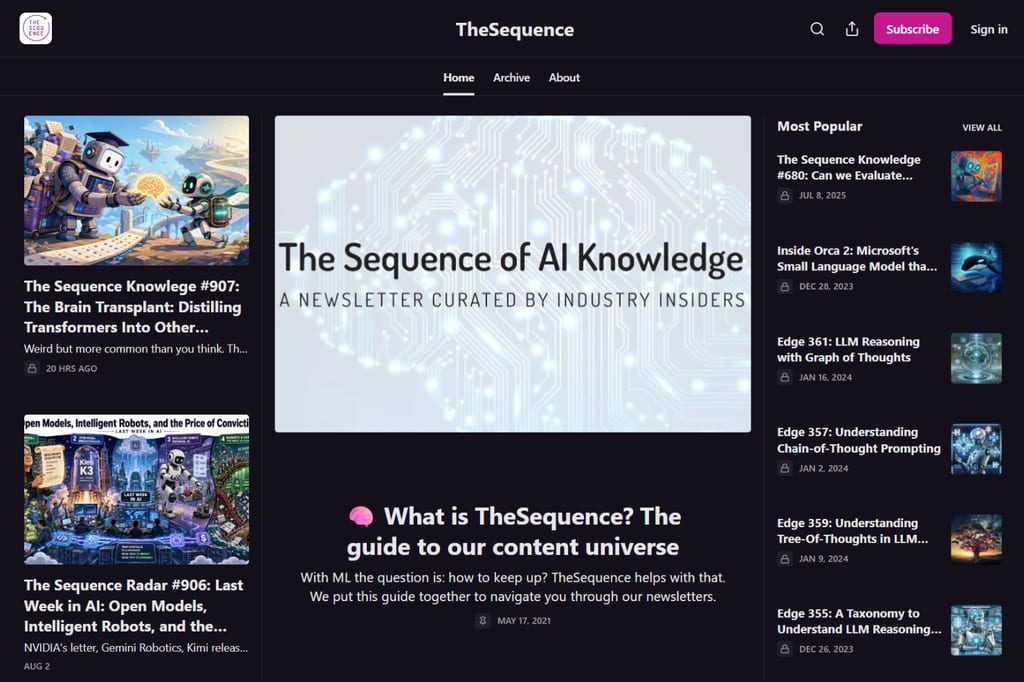 TheSequence newsletter homepage with featured AI articles and popular posts