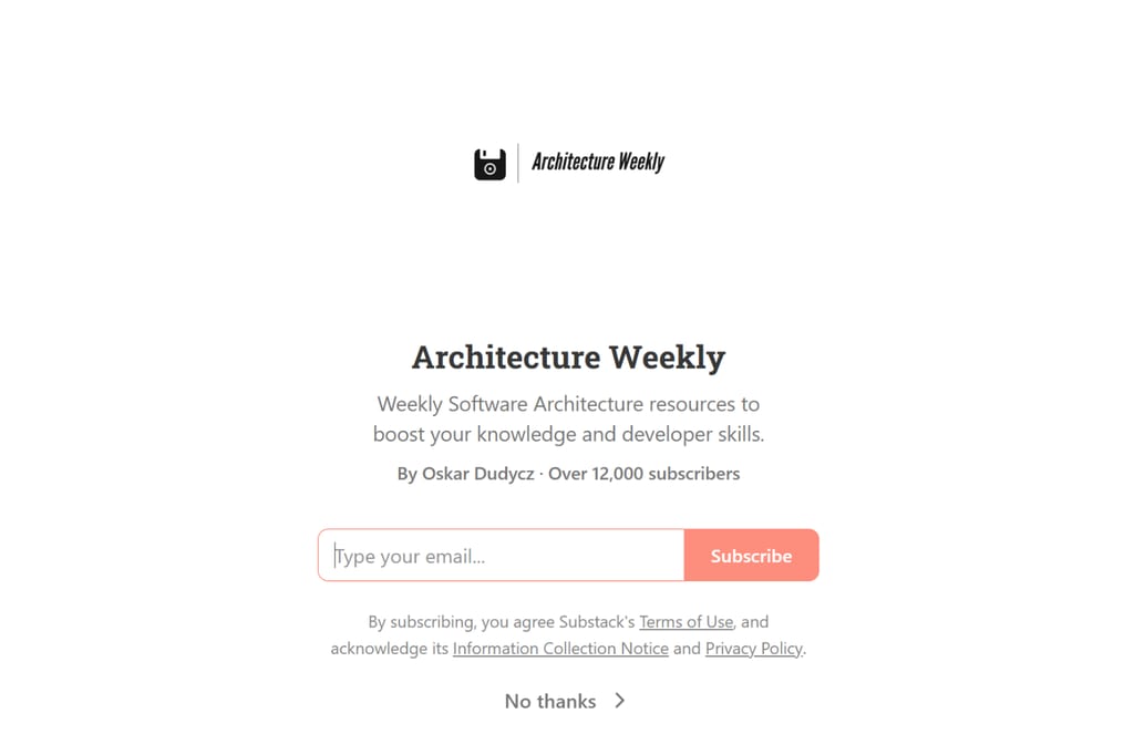 Architecture Weekly newsletter subscription page with email signup form