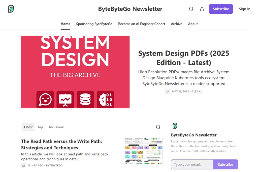 ByteByteGo Newsletter homepage featuring system design articles and architecture resources