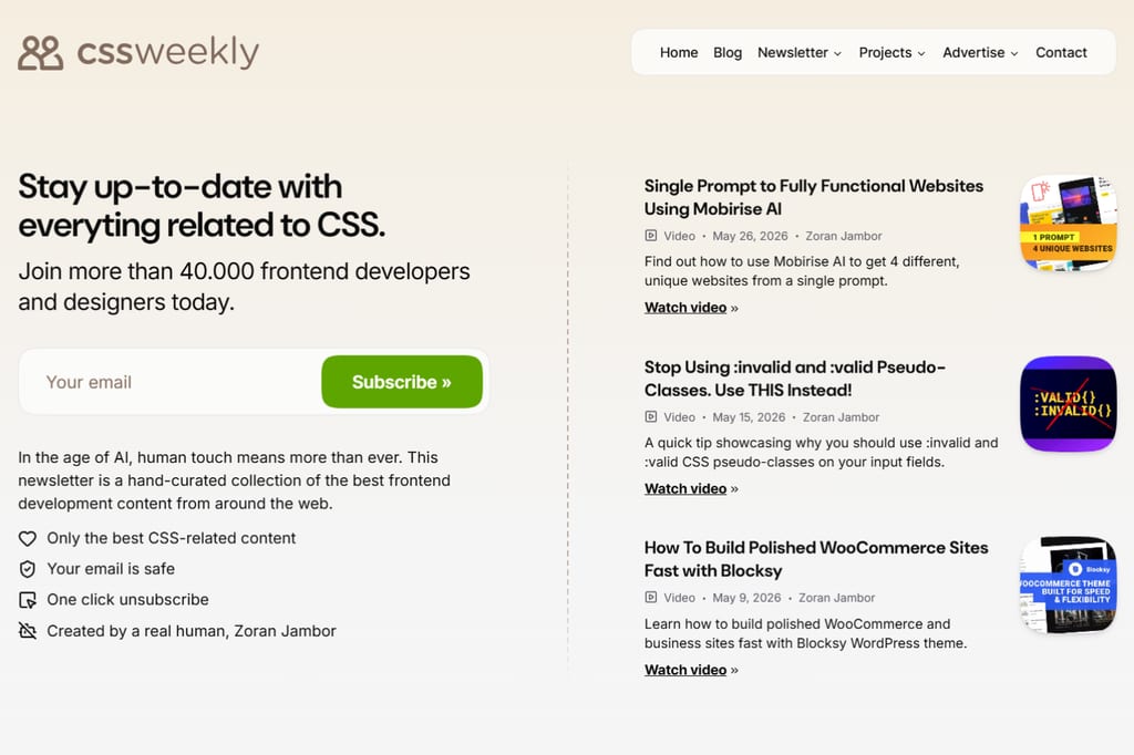 Startseite von CSS Weekly mit Newsletter-Anmeldung und hervorgehobenen CSS-Artikeln