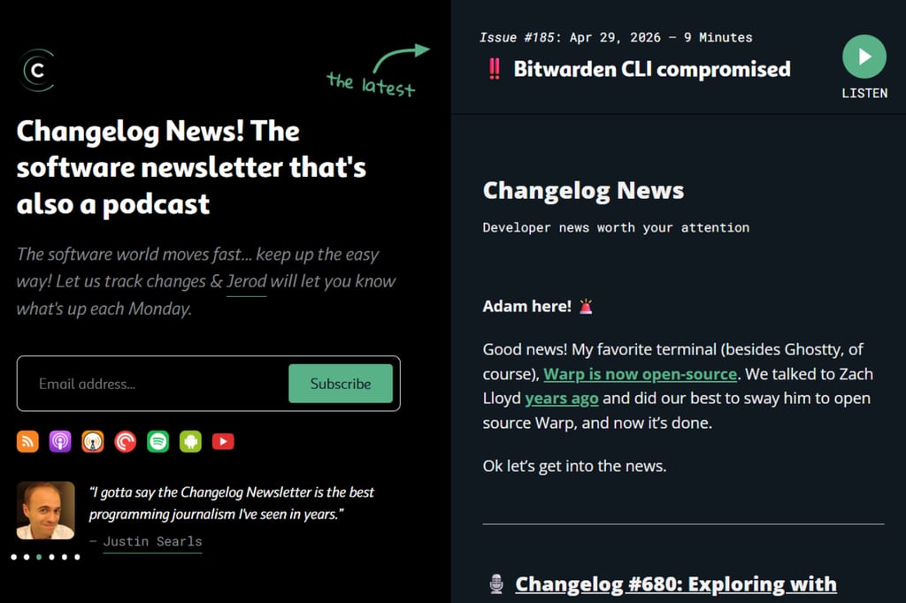 Changelog News homepage with newsletter signup and latest developer news issue