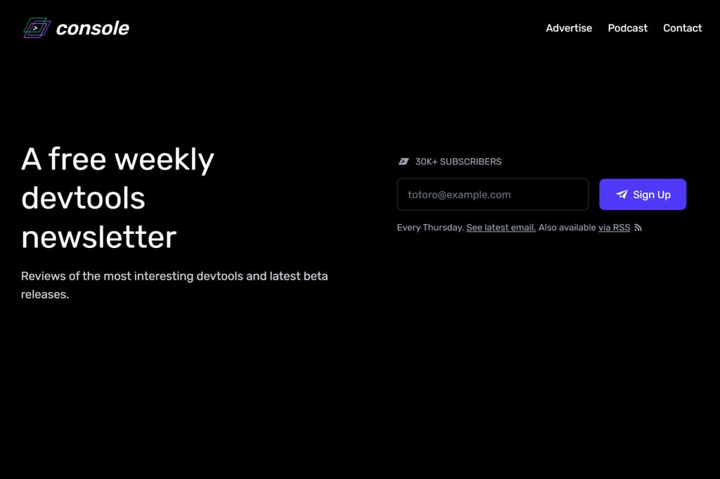 Anmeldeseite des Console-Newsletters für Neuigkeiten zu Entwicklerwerkzeugen