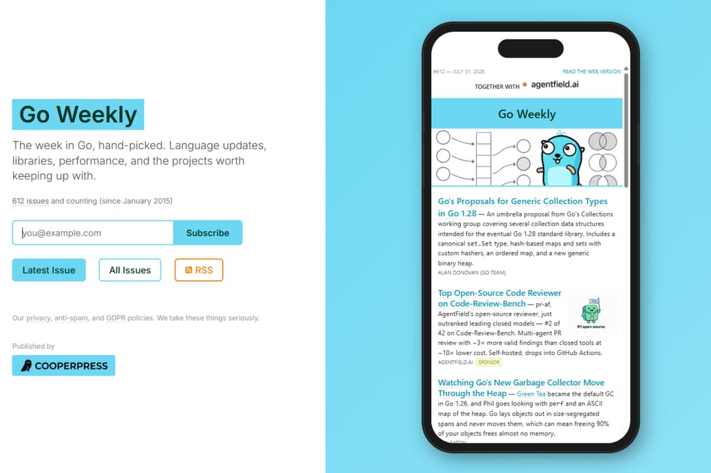 Go-Weekly-Startseite und Vorschau des Newsletters mit aktueller Ausgabe
