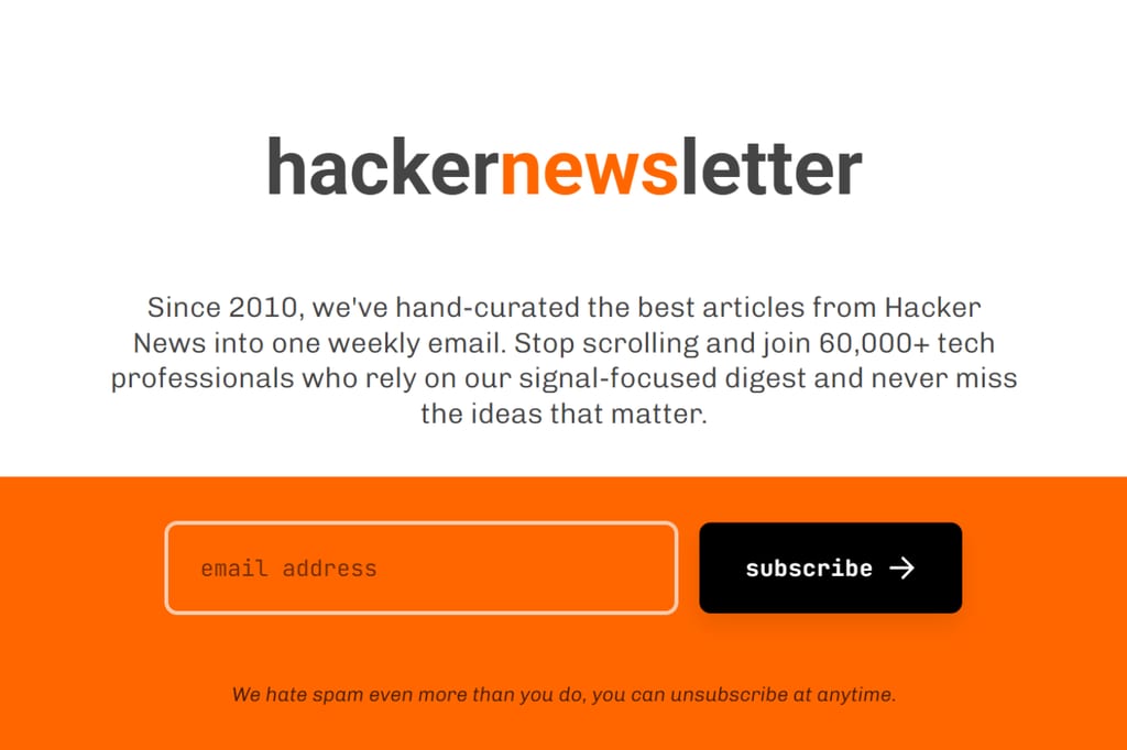Hacker Newsletter signup page with email subscription form