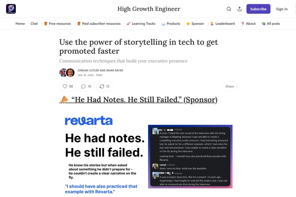 High Growth Engineer article about storytelling skills for career growth in tech