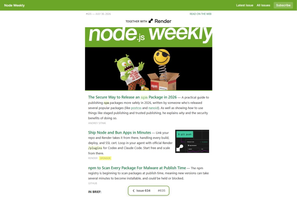 Ausgabe des Node-Weekly-Newsletters mit aktuellen Node.js-Artikeln
