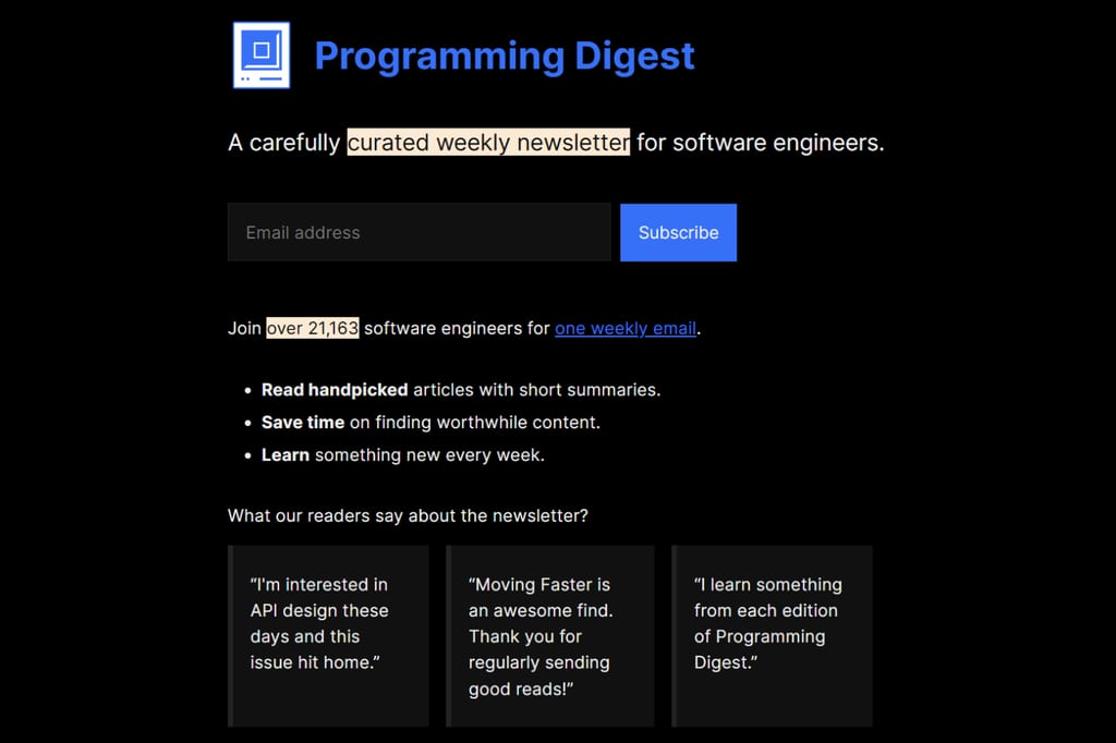 Anmeldeseite des Programming-Digest-Newsletters mit Erfahrungsberichten von Lesern