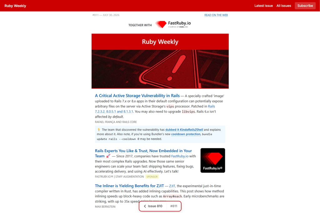 Ruby-Weekly-Newsletter-Ausgabe mit Neuigkeiten zu Ruby und Rails