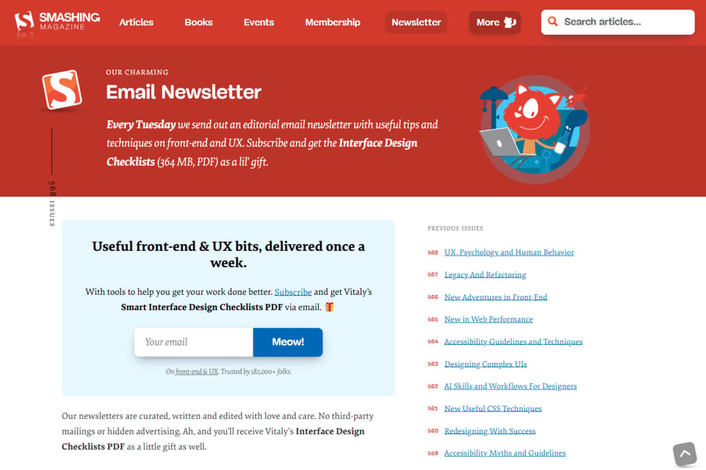 Seite des Smashing-Newsletters mit Anmeldeformular und früheren Ausgaben