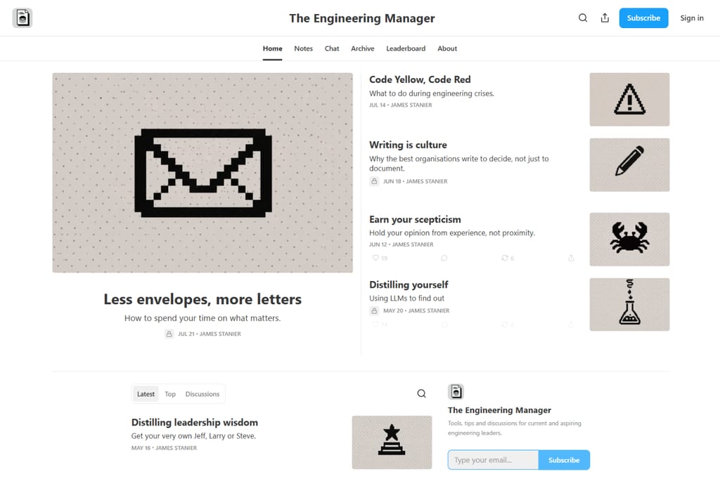 The Engineering Manager homepage featuring articles on engineering leadership and management