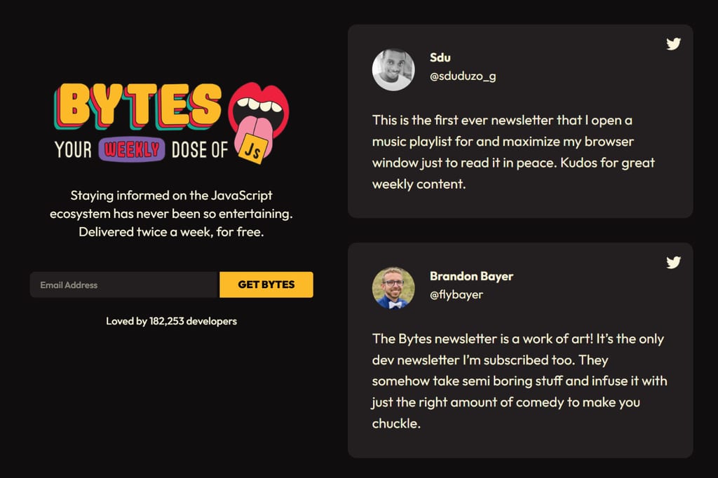 Bytes newsletter homepage with signup form and reader testimonials