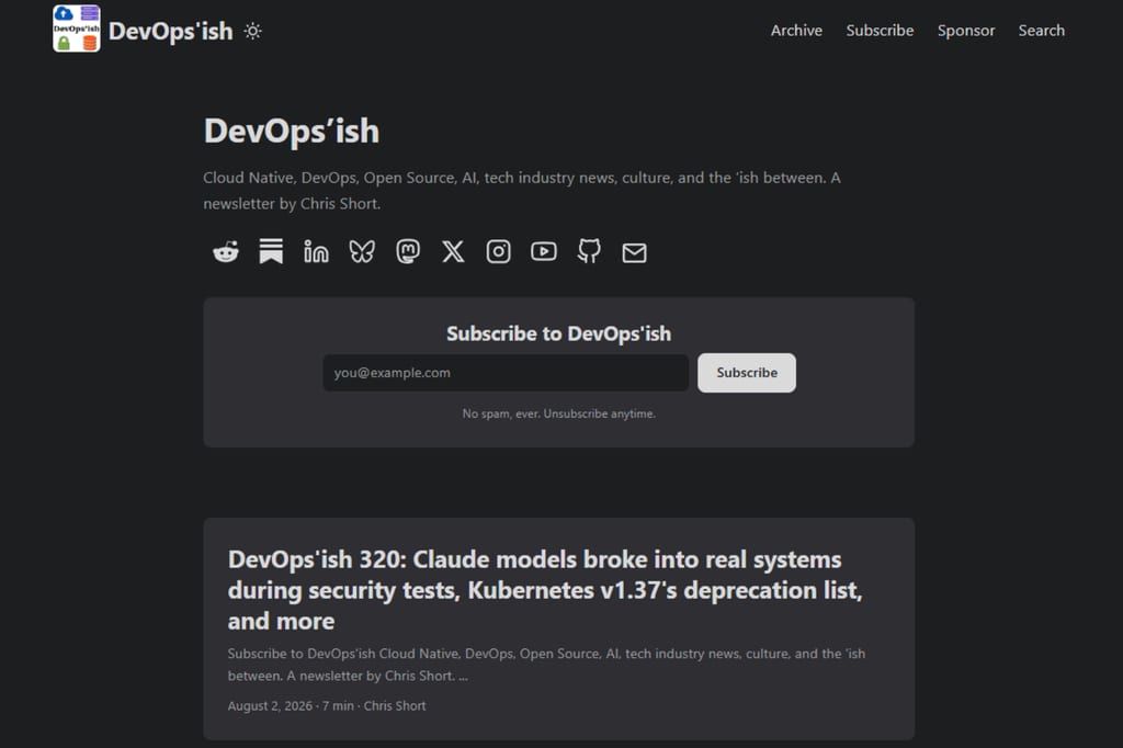 DevOps'ish newsletter homepage with subscription form and latest issue
