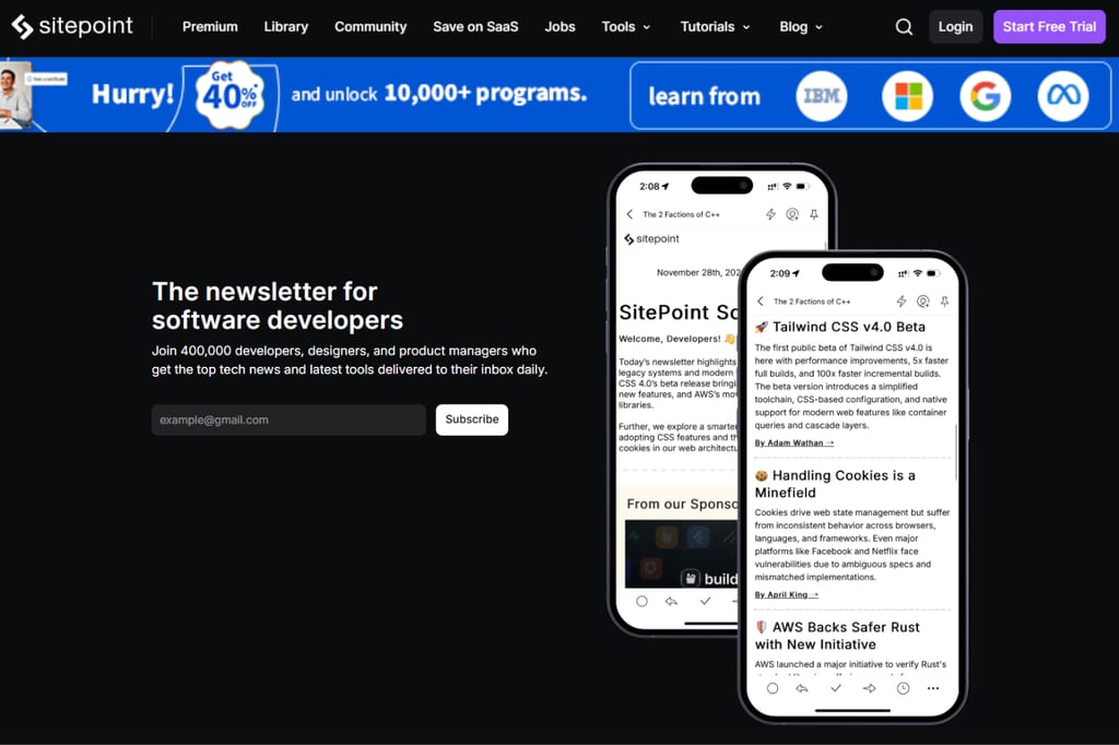 SitePoint Weekly signup page with newsletter preview