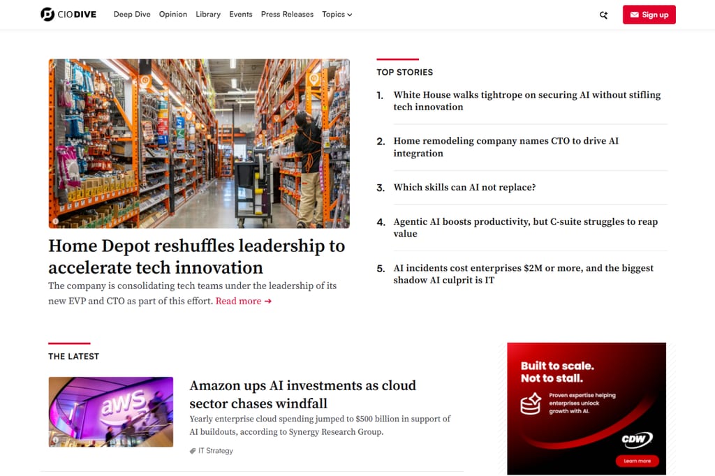 Startpagina van CIO Dive met nieuws over enterprise-IT, topverhalen en technologiekoppen