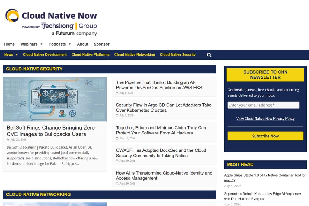 CNN-homepage met nieuws over cloud-native beveiliging en aanmelding voor de nieuwsbrief
