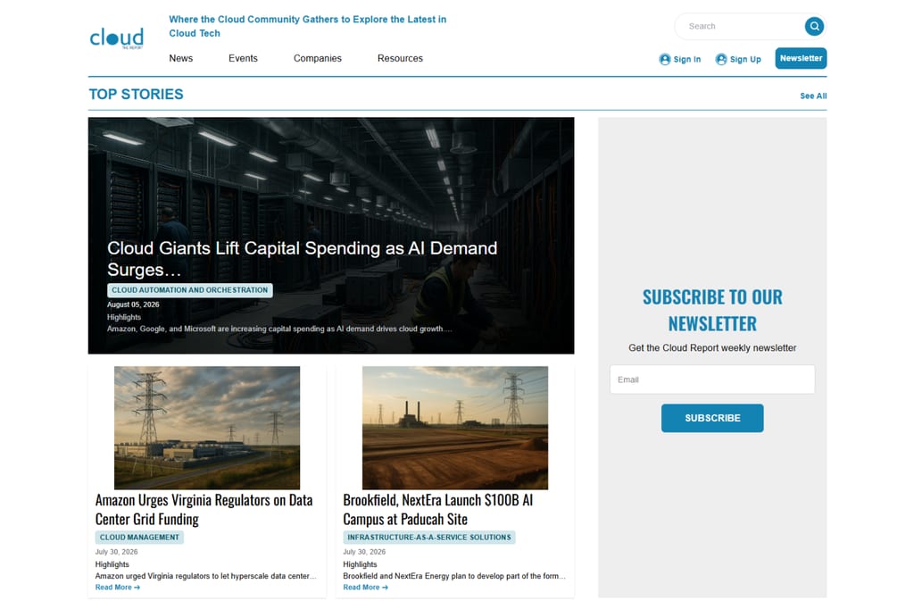 Homepage van Cloudrapport met nieuws over cloudcomputing en aanmelding voor de nieuwsbrief