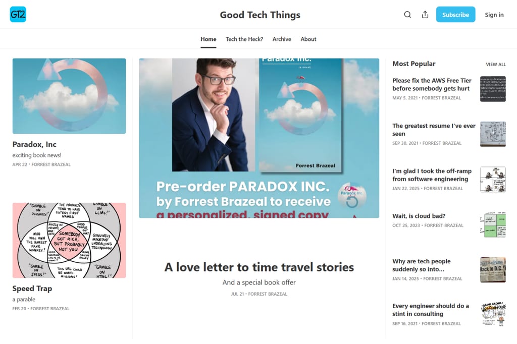GT2-startpagina met artikelen over cloudengineering en recente berichten van Forrest Brazeal