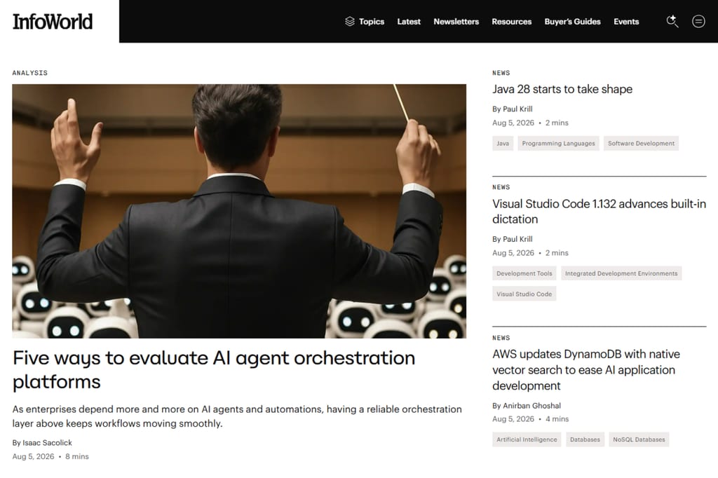 InfoWorld-homepage met nieuws over cloudcomputing, AI en softwareontwikkeling