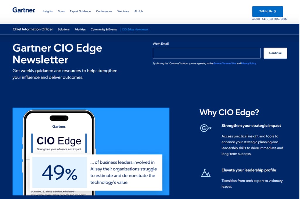 Página de registro de Perspectivas del CIO que destaca el impacto estratégico, las habilidades de liderazgo y el valor de la IA