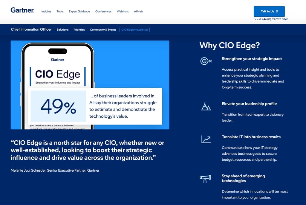 Captura de pantalla de la página de destino del boletín Gartner CIO Edge