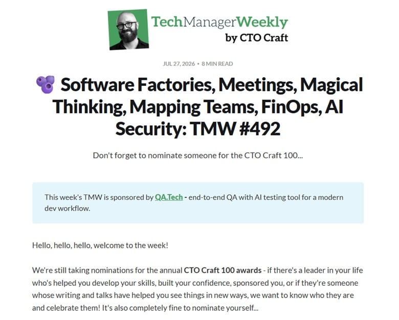 Un esempio della newsletter Tech Manager Weekly