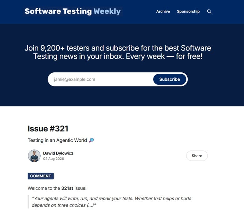 Screenshot of the sign up page and sample newsletter of Software Testing Weekly