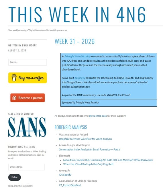 Sample screenshot of the This Week in 4N6 newsletter