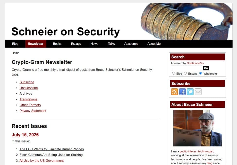 The Crypto-Gram newsletter landing page