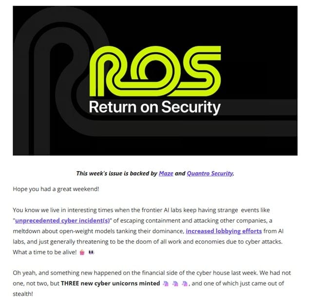 Sample of the Return on Security newsletter