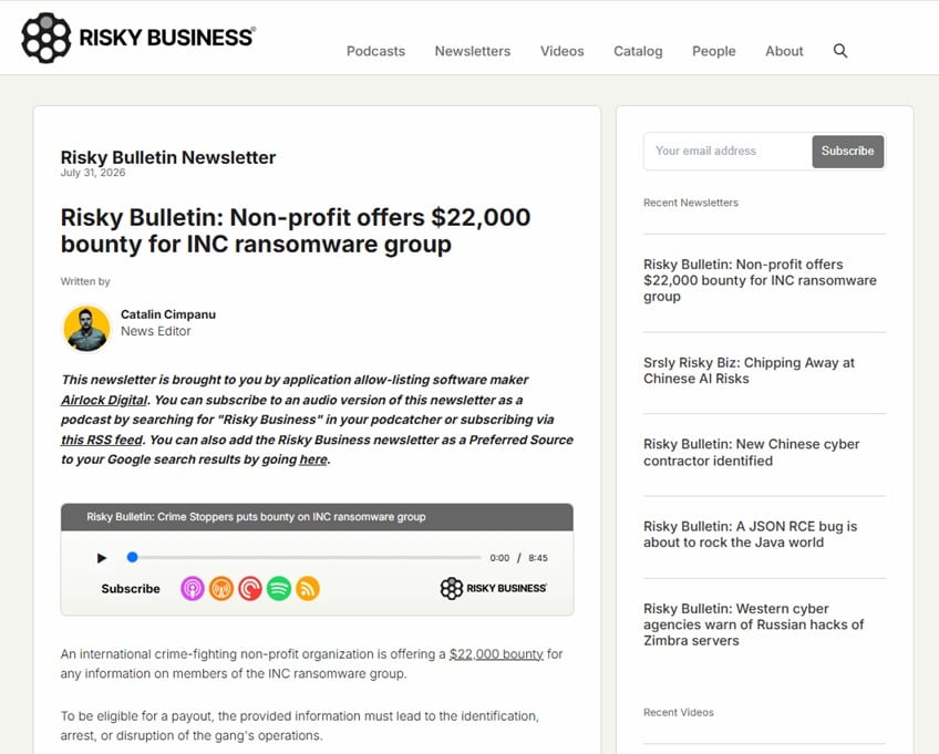 Sample of the Risky Business newsletter