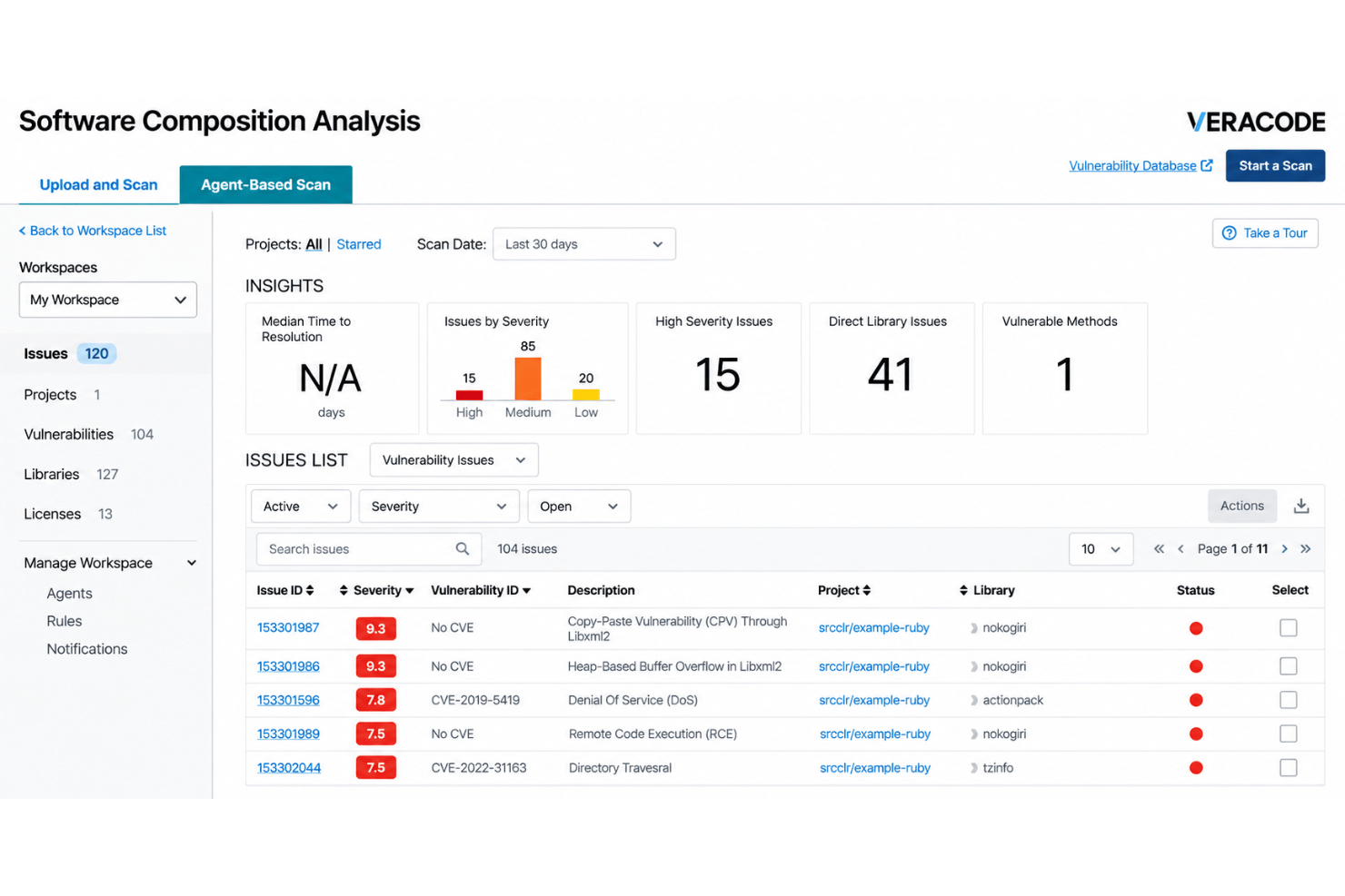 Veracode SCA with vulnerable libraries, dependencies, and license risks.