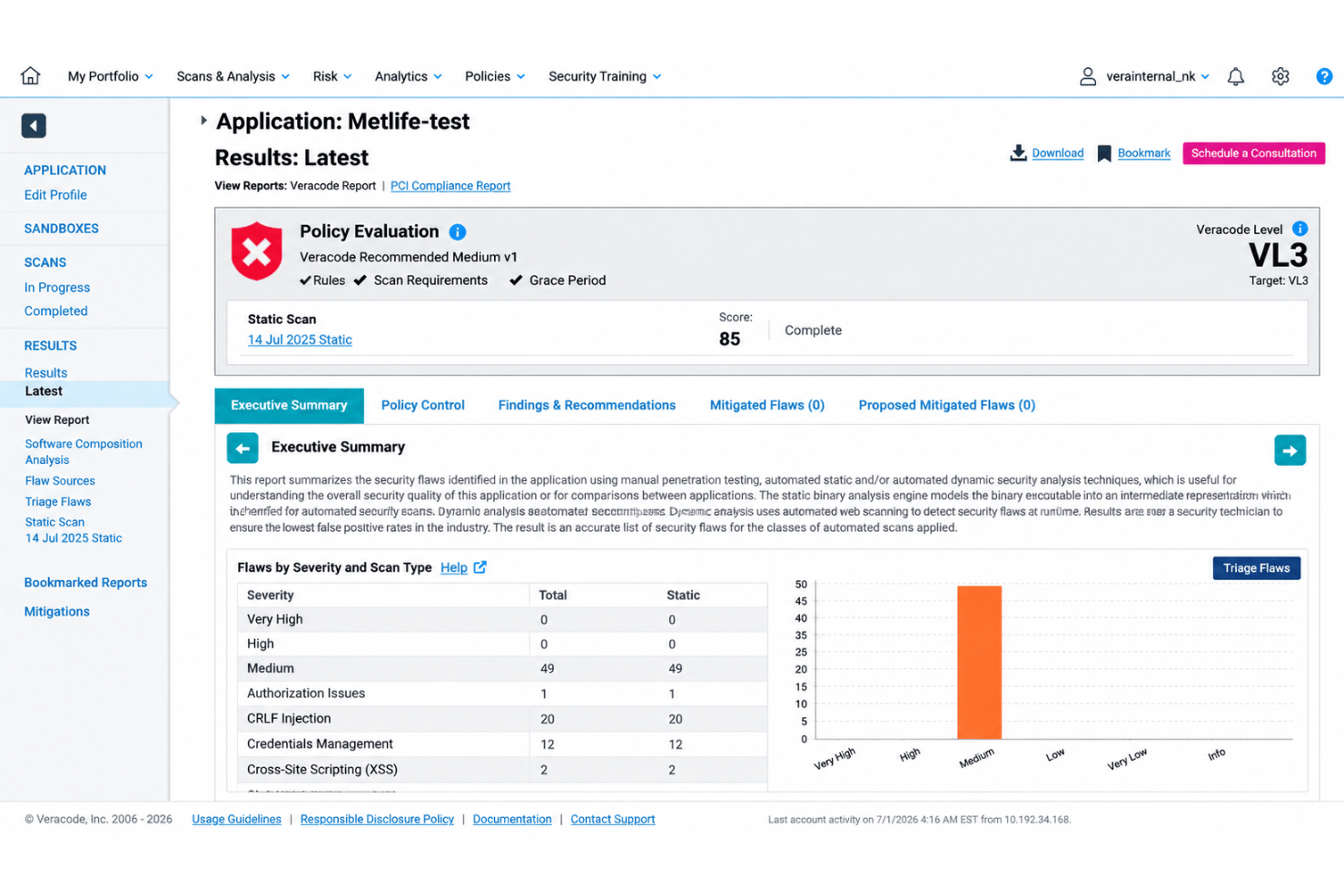 Veracode SAST with source code vulnerabilities and security findings.