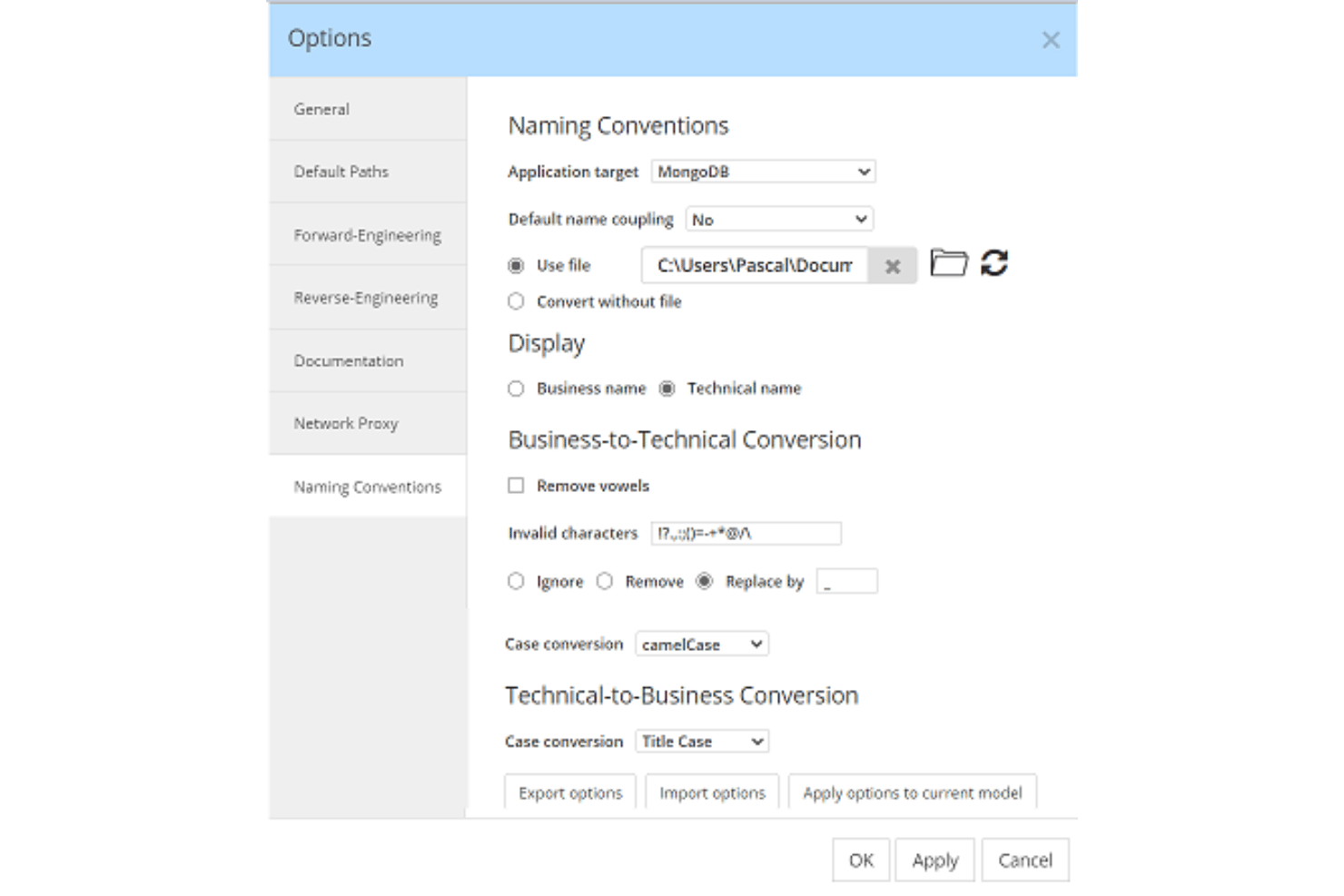 Options window showing Naming Conventions settings, including application target (MongoDB), name coupling, file-based rules, display options (business vs technical names), and conversion settings like invalid character handling and case formatting.