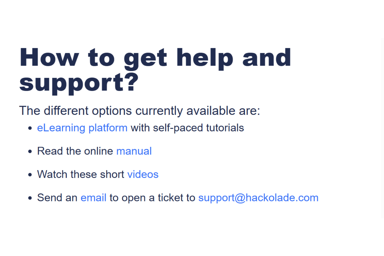 Hackolade support page showing help options including eLearning tutorials, online manual, video guides, and email support via support@hackolade.com.