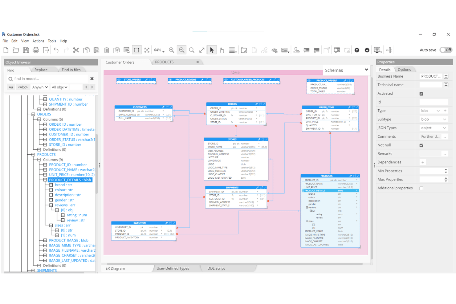 Hackolade modeling workspace displaying a Customer Orders schema with interconnected entities (customers, orders, products, shipments, inventory), alongside a left object browser and right properties panel for editing fields and JSON data types.
